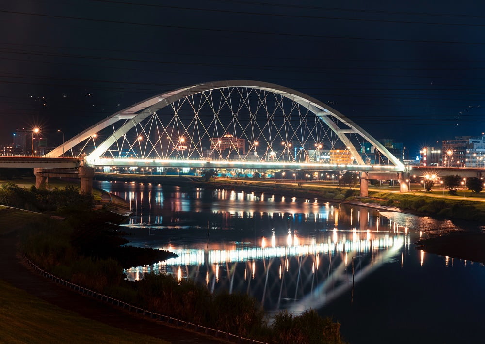 A bridge over a river at night in Alberta.